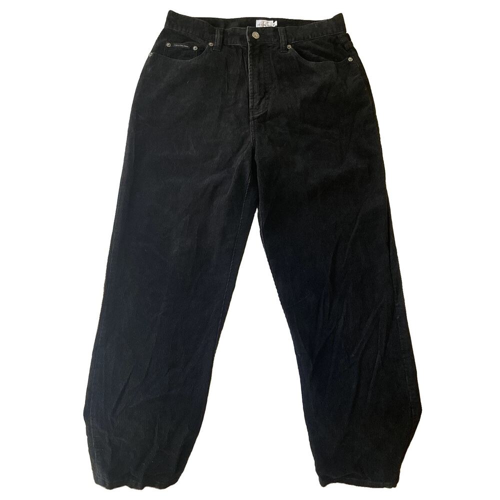 Calvin Klein Jeans Women Pants 10 Black Corduroy Logo Button 28" Inseam 30”Waist